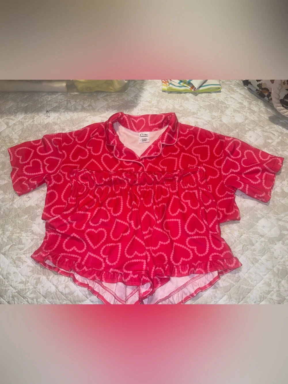 art class Bright Red Heart-Print Girls Pajama Set with Ruffled Shorts